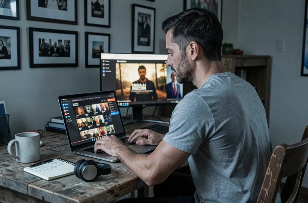 Homme consultant une plateforme de streaming sur laptop dans un bureau à domicile avec affiches de films