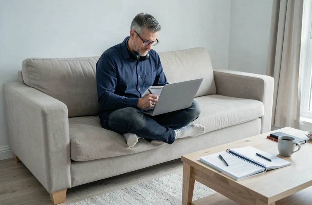 Homme en télétravail assis sur un canapé avec un ordinateur portable et un casque sans fil dans un salon moderne et épuré