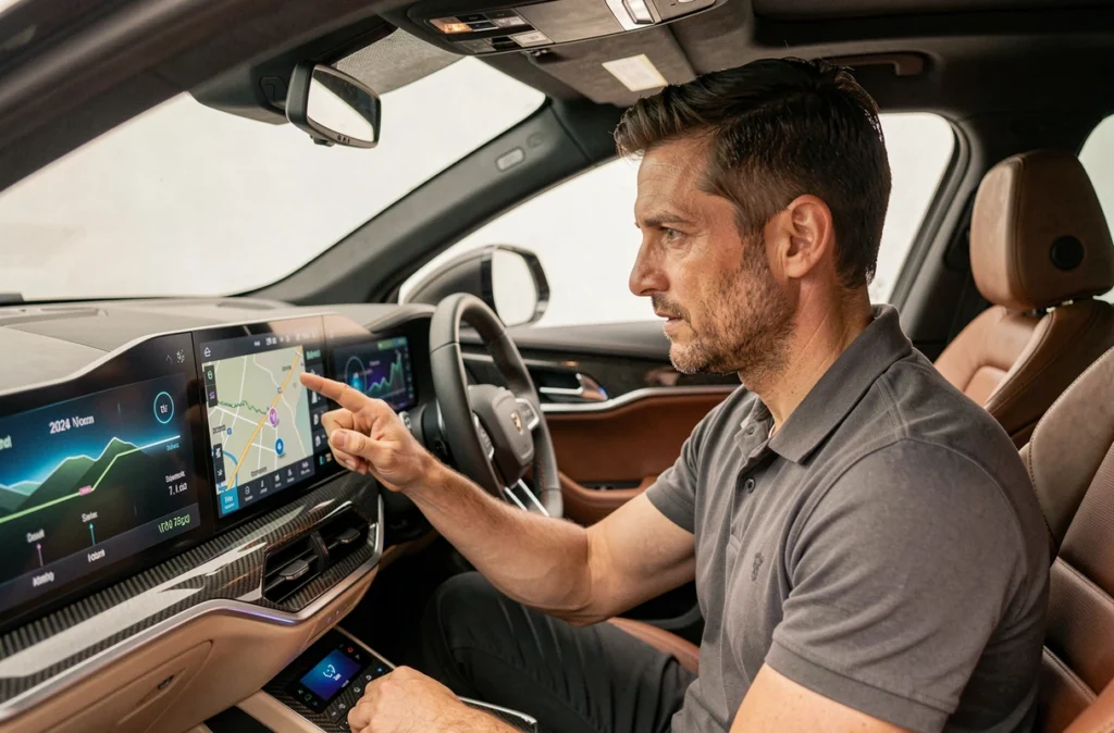 Ingénieur automobile examinant le tableau de bord numérique d'un SUV haut de gamme 2024 avec interface OLED