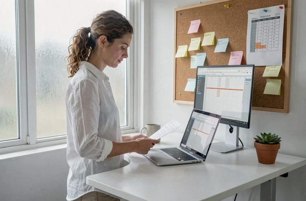 Jeune femme debout à un bureau réglable en hauteur, organisant ses documents dans un home office minimaliste et fonctionnel
