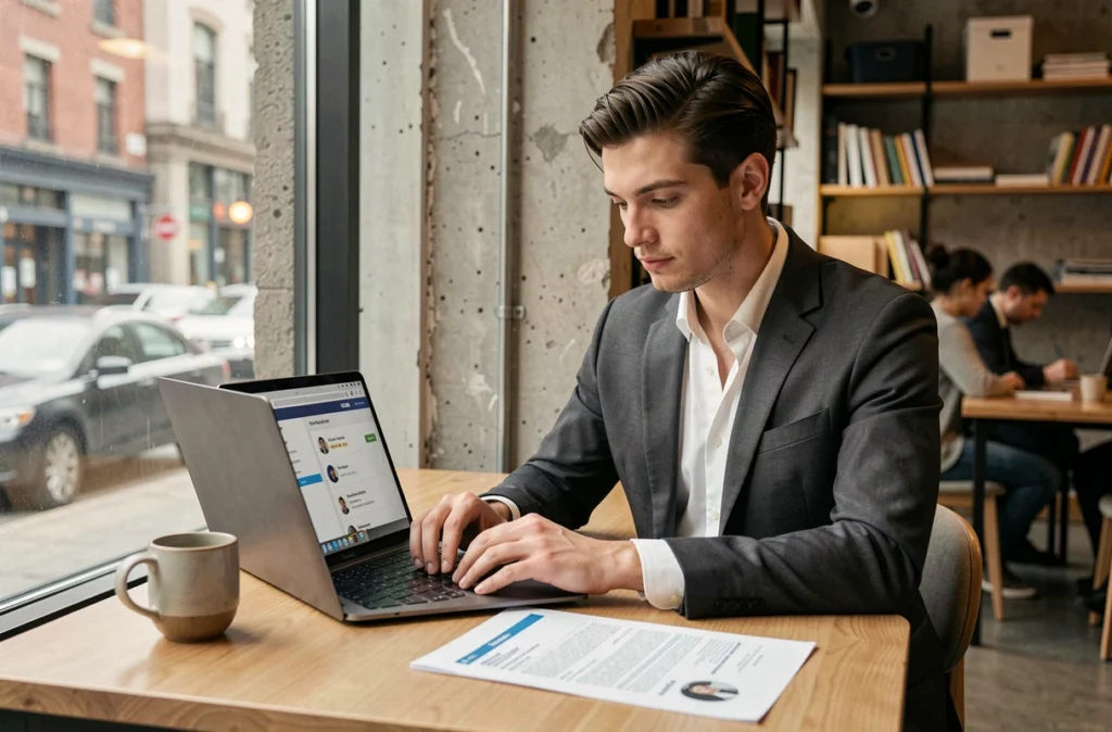 Jeune professionnel consultant une plateforme de networking emploi sur son ordinateur portable dans un espace de travail urbain