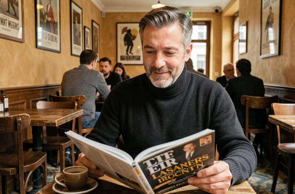 Homme lisant un magazine culturel dans un café parisien authentique
