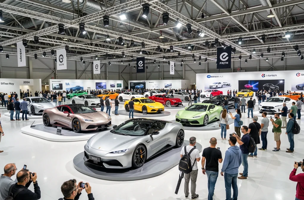 Salon automobile international 2024 avec voitures concept sur podiums et visiteurs examinant les nouveautés