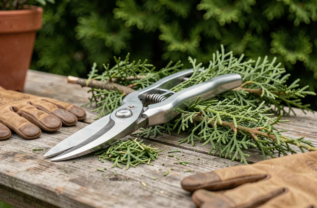 Sécateur posé sur une branche de thuya taillée avec des copeaux verts sur un établi de jardin