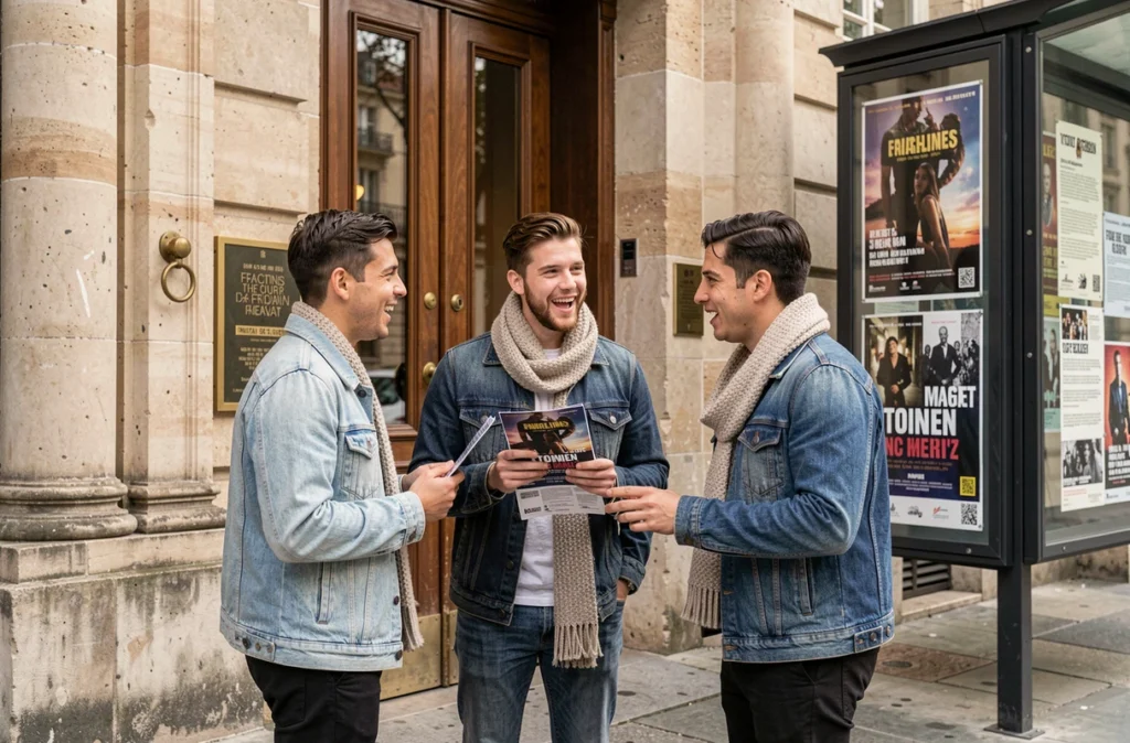 Groupe de jeunes adultes discutant devant l'entrée d'un théâtre culturel français