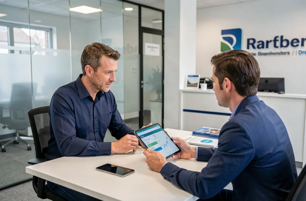 Homme en consultation avec un conseiller bancaire pour obtenir un crédit rapide