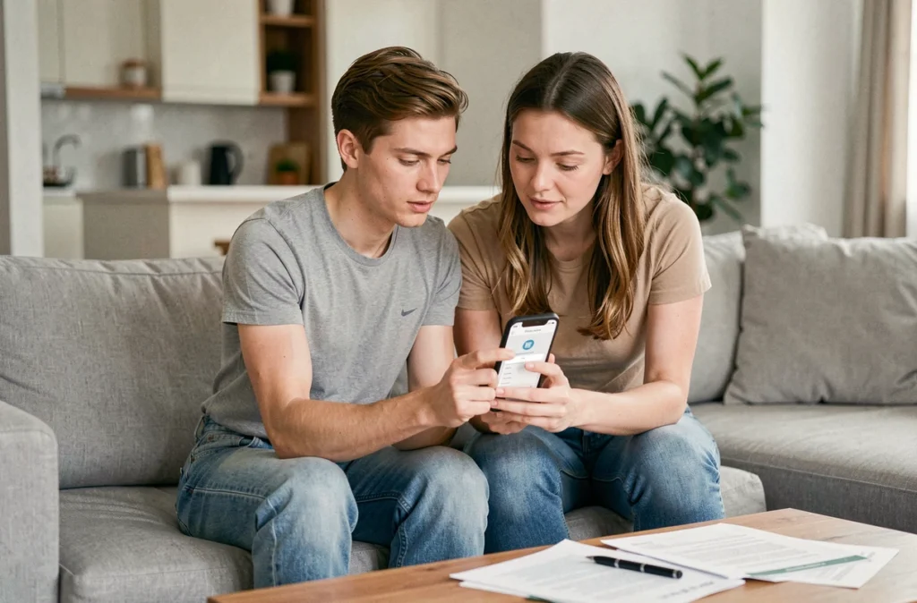 Jeune couple utilisant une application mobile pour faire une demande de crédit en ligne