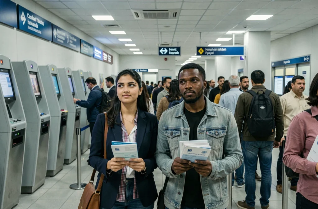 Couple tenant des titres de voyage réfugiés dans une file de contrôle aux frontières d'un aéroport international, illustrant les démarches de voyage avec un document de voyage réfugié en 2024