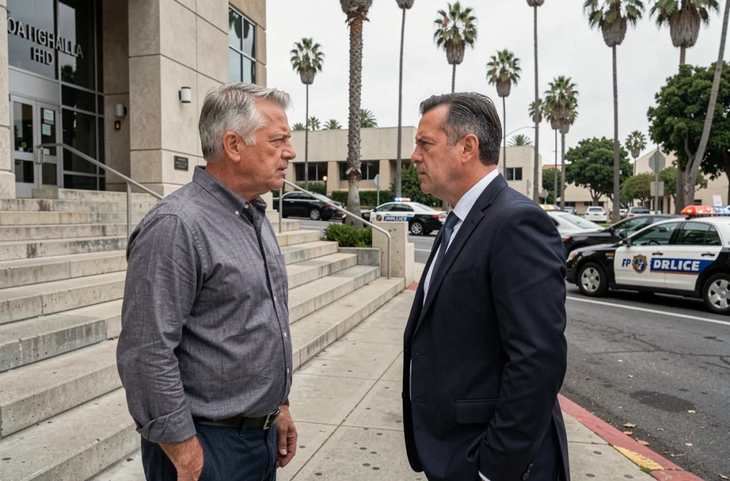 Deux détectives en discussion tendue devant un palais de justice de Los Angeles, scène typique de la série policière Bosch saison 8