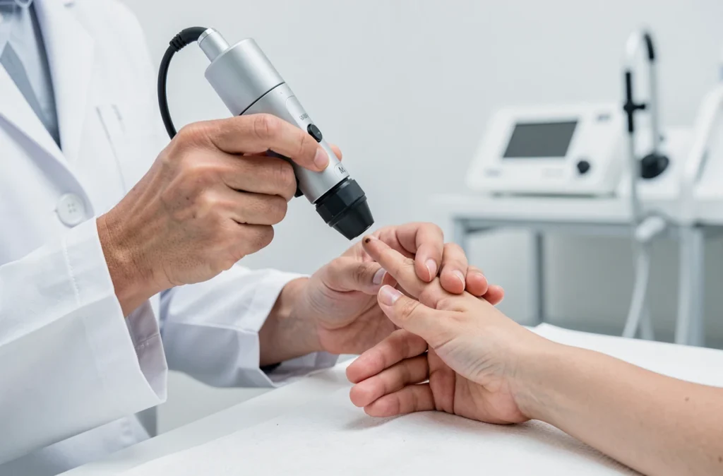 Dermatologue examinant un grain de beauté sur le majeur d'un patient avec un dermatoscope en cabinet médical