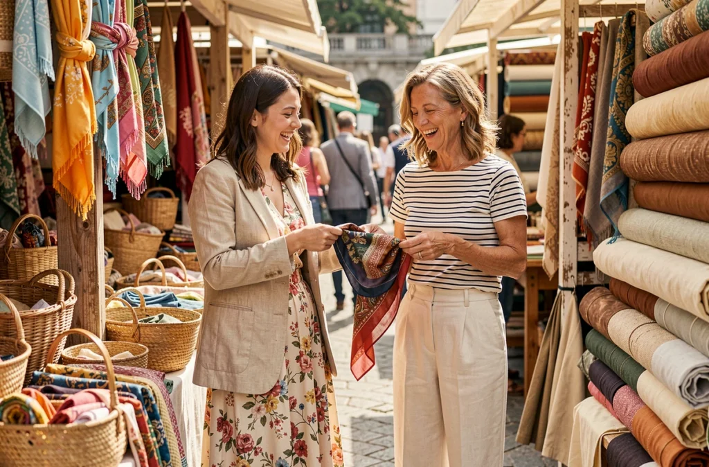 Deux femmes de générations différentes découvrant des accessoires de mode dans un marché en plein air coloré