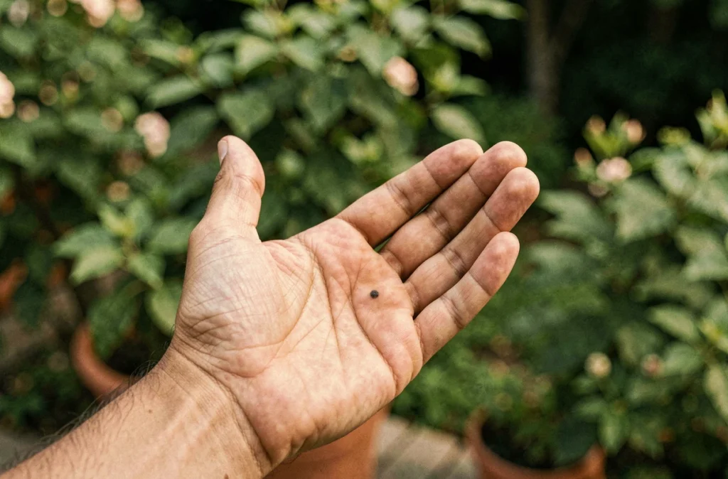 Main masculine tenant la paume vers le haut montrant un grain de beauté sur le majeur avec fond de jardin flou