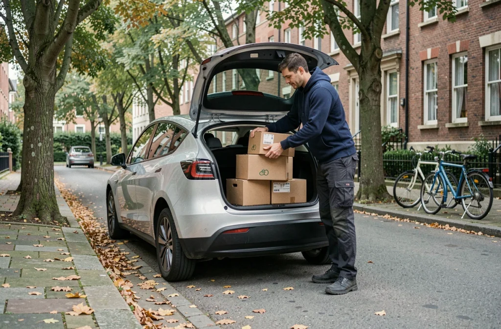 Homme chargeant des cartons écologiques dans un véhicule électrique lors d'un déménagement durable