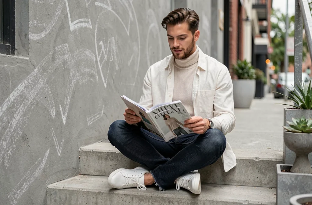 Homme en tenue décontractée chic assis sur des escaliers urbains en béton avec un magazine de mode