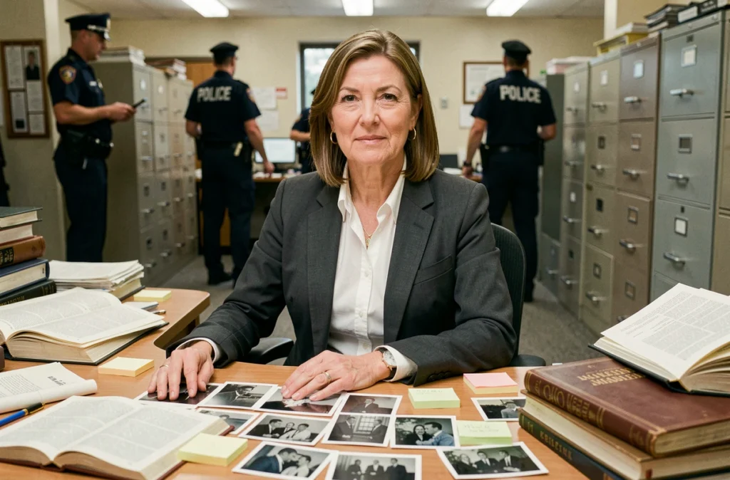 Inspectrice de police assise à son bureau encombré dans un commissariat américain, évoquant l'univers de la série Bosch