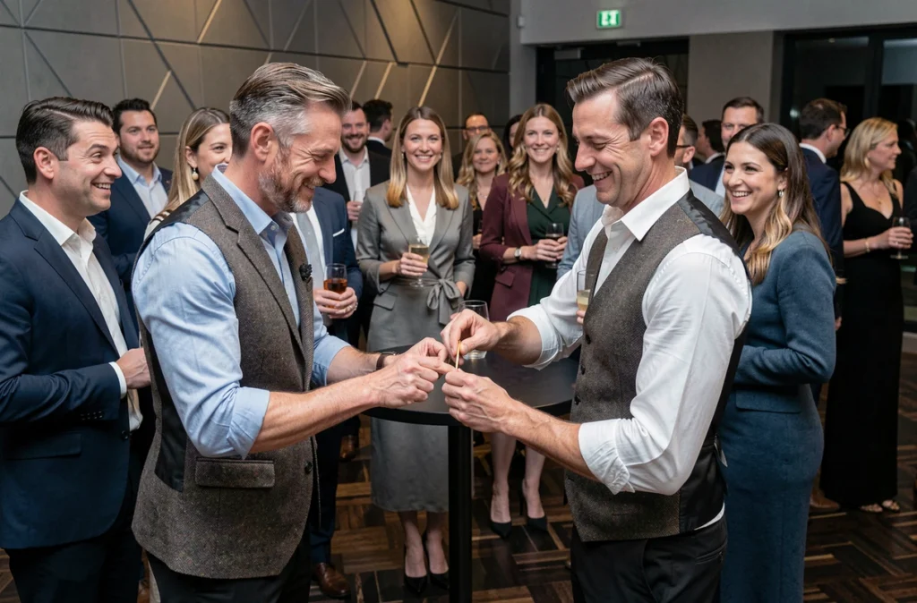 Magicien professionnel réalisant des tours de magie pour des invités émerveillés lors d'une soirée cocktail élégante
