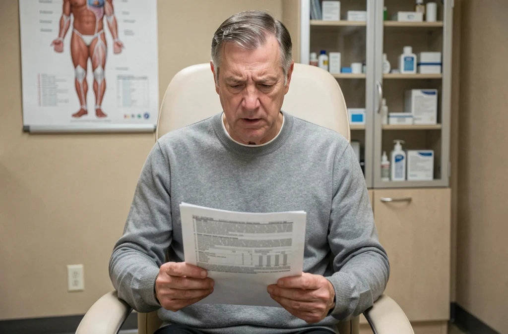 Patient âgé lisant un rapport médical sur le GCA 2700 dans une salle de consultation médicale